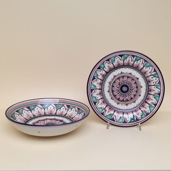 SET OF PASTA-SOUP BOWLS, CM.22 DIAMETER, CM.5H.DESIGN:LIGHT PINK AND SEAWATER GREEN-GEOMETRIC